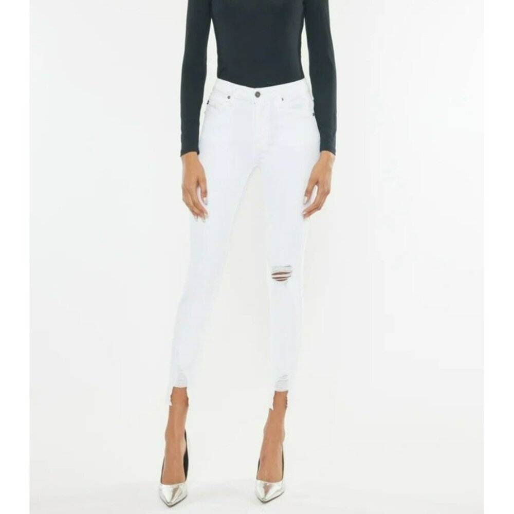 Kancan Kendra High Rise Ankle Skinny White Jeans 0 23 NWT Distressed Chewed Hem
